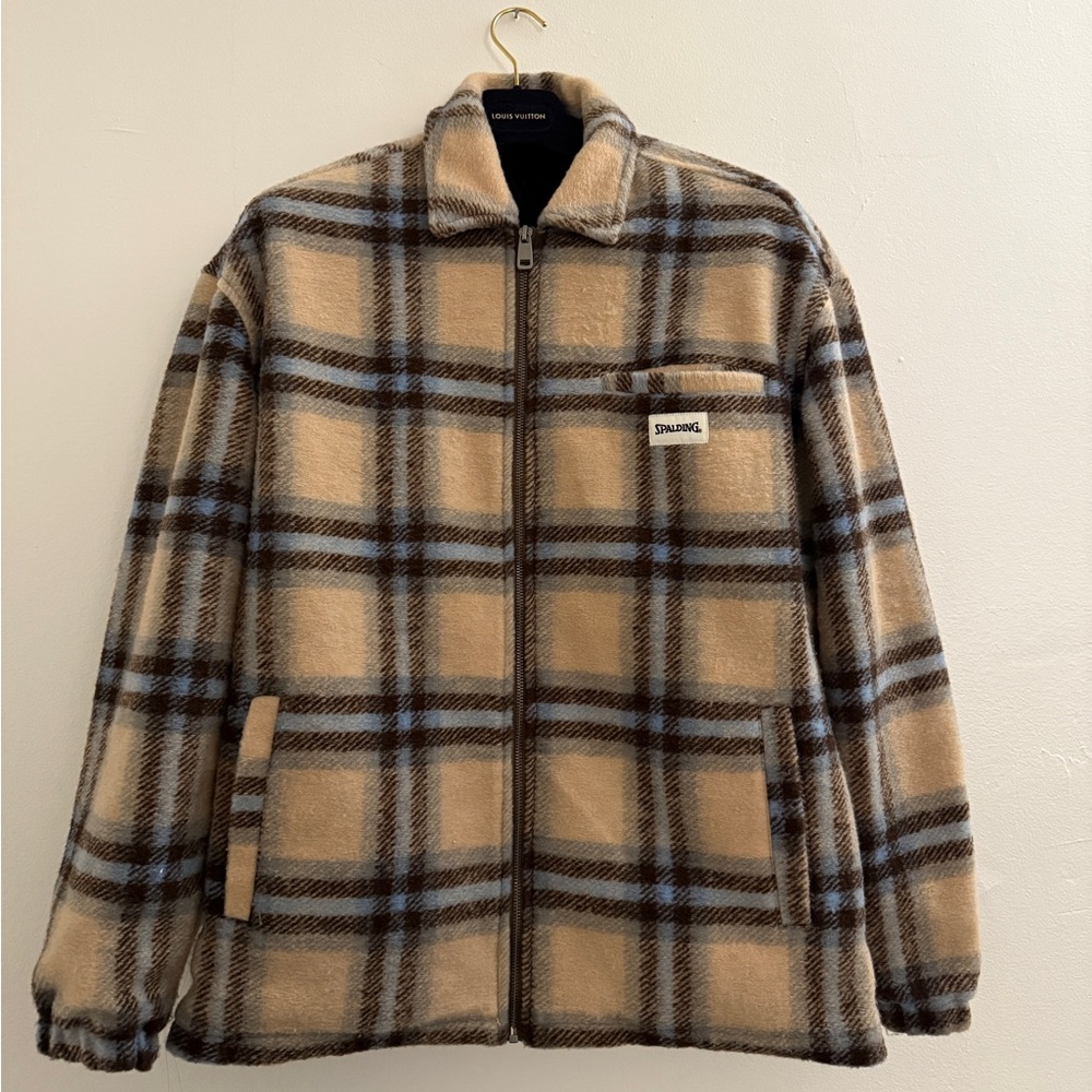 Spalding Beige and Light Blue Plaid Zip-Up Fleece Jacket